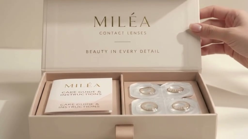 Open MILÉA keepsake box with care guide and four lenses