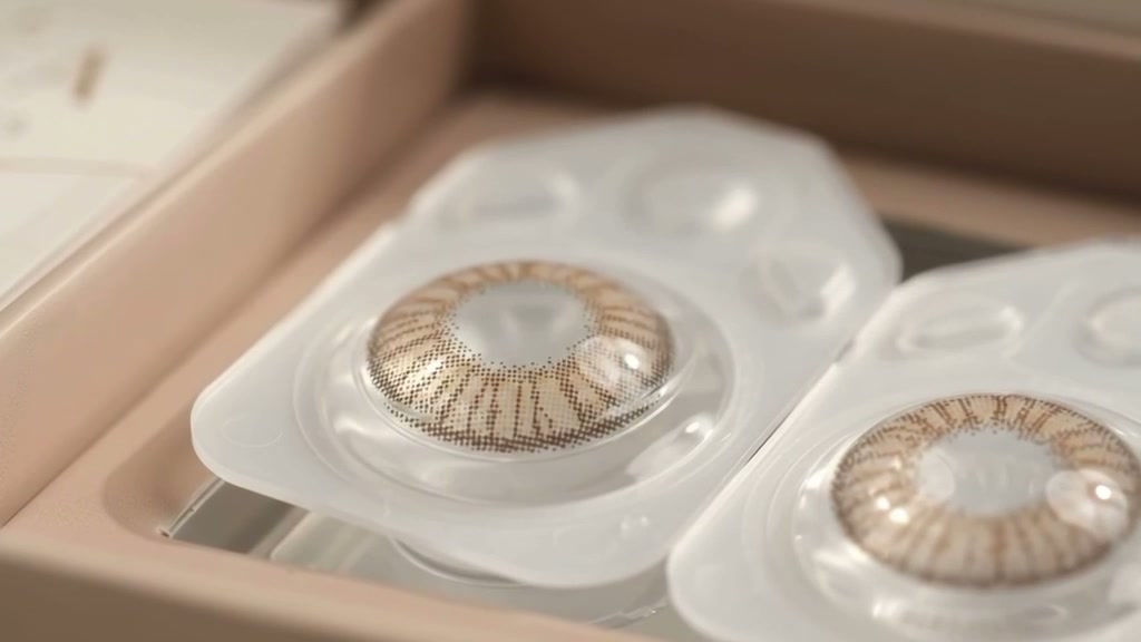 Close-up of honey-toned MILÉA lenses in their blister packs